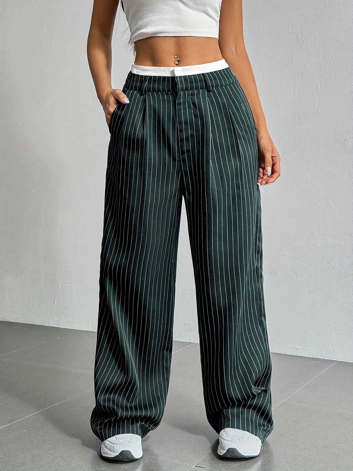Pinstriped High Waist Straight Leg Trousers