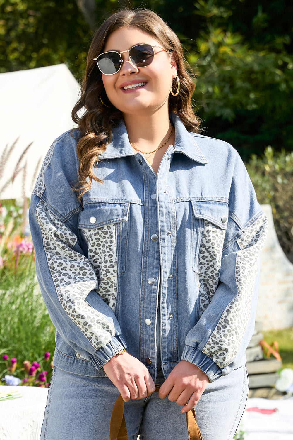 Curve Beau Blue Leopard Patchwork Flap Detail Denim Jacket