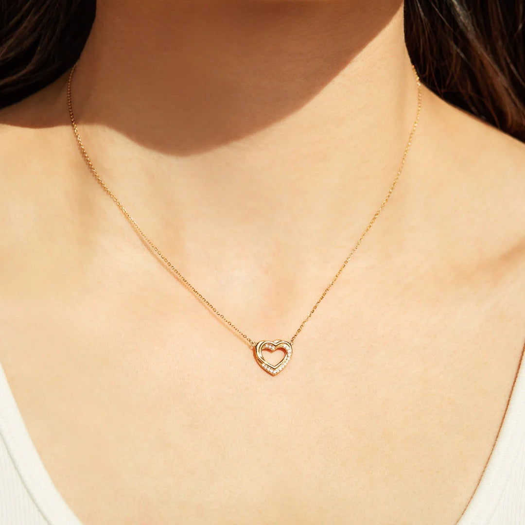 S925 Sterling Silver Overlapping Double Hollow Heart Necklace