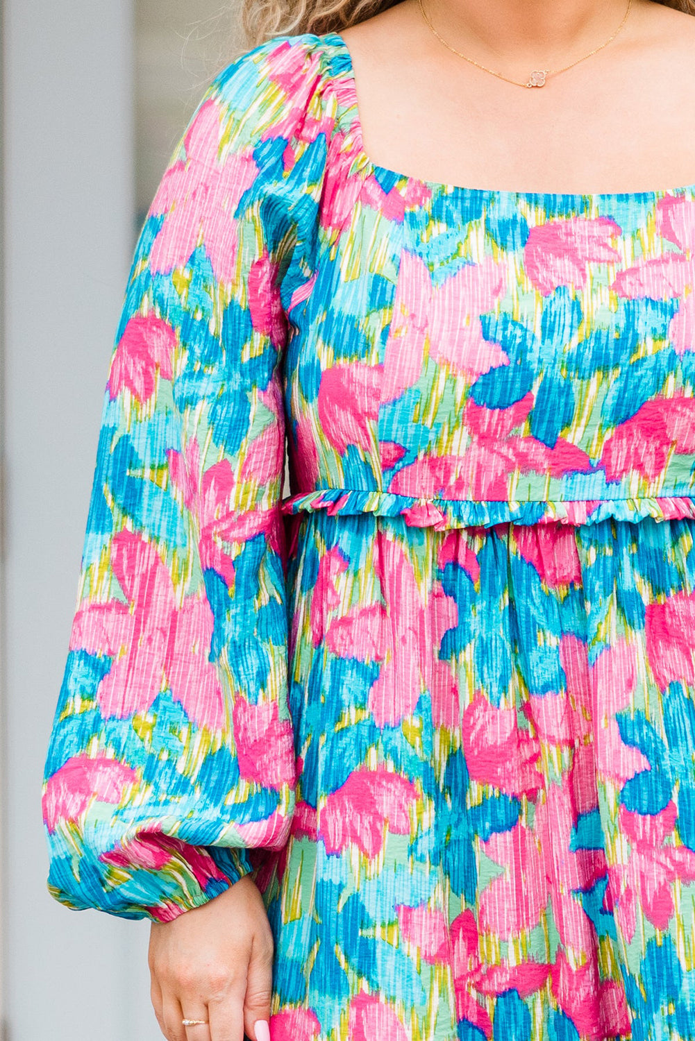 Curve Sky Blue Floral Allover Print Shirred Square Neck Maxi Dress