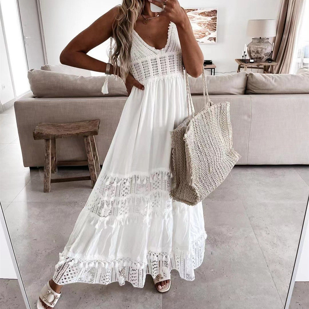 Casual Lace Panel Sleeveless Long Dress