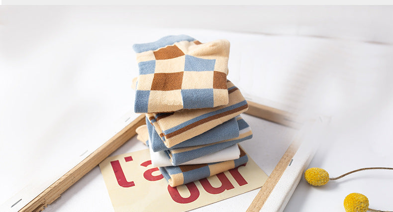 Plaid Sweet Blue Boat Socks Cotton College