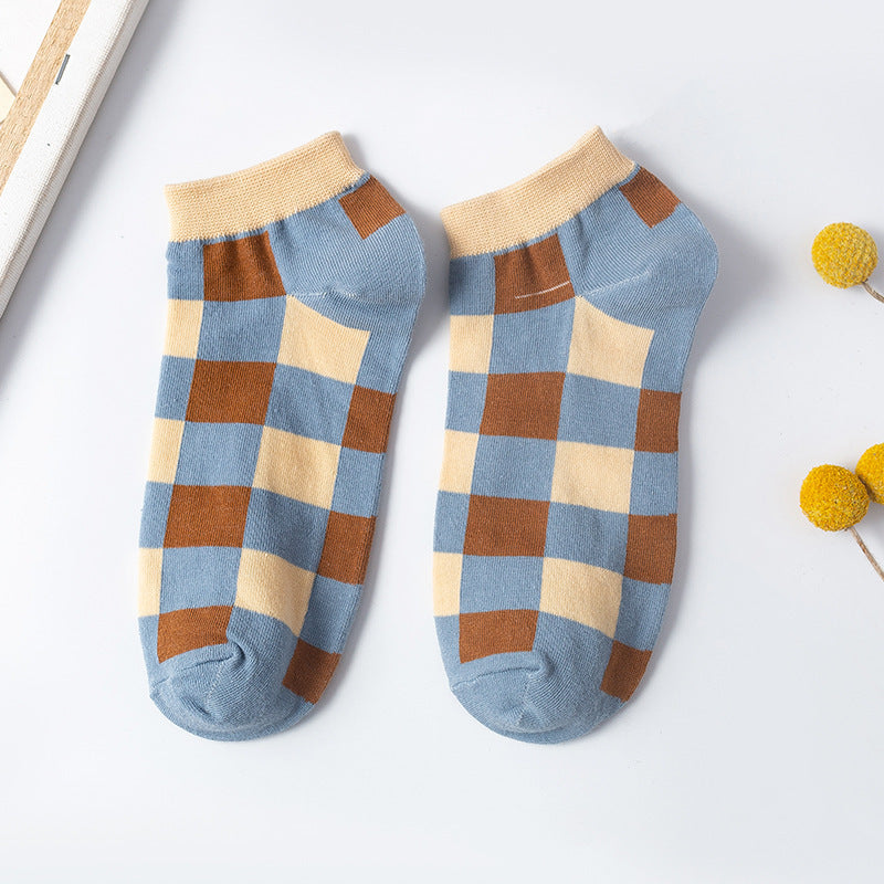 Plaid Sweet Blue Boat Socks Cotton College