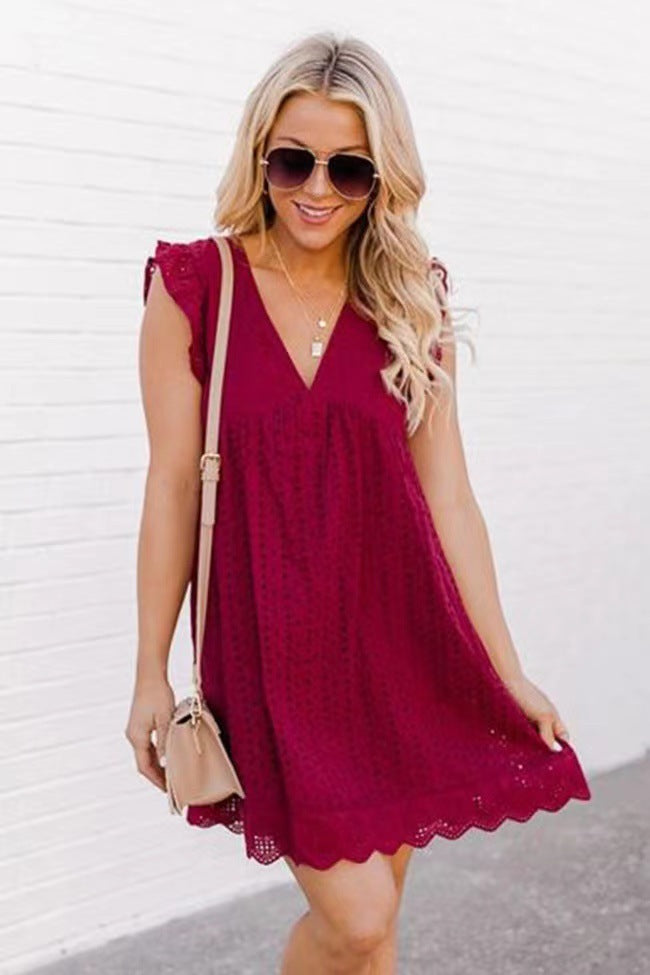 Sleeveless Jacquard Cutout V-Neck Summer Dress with Pockets