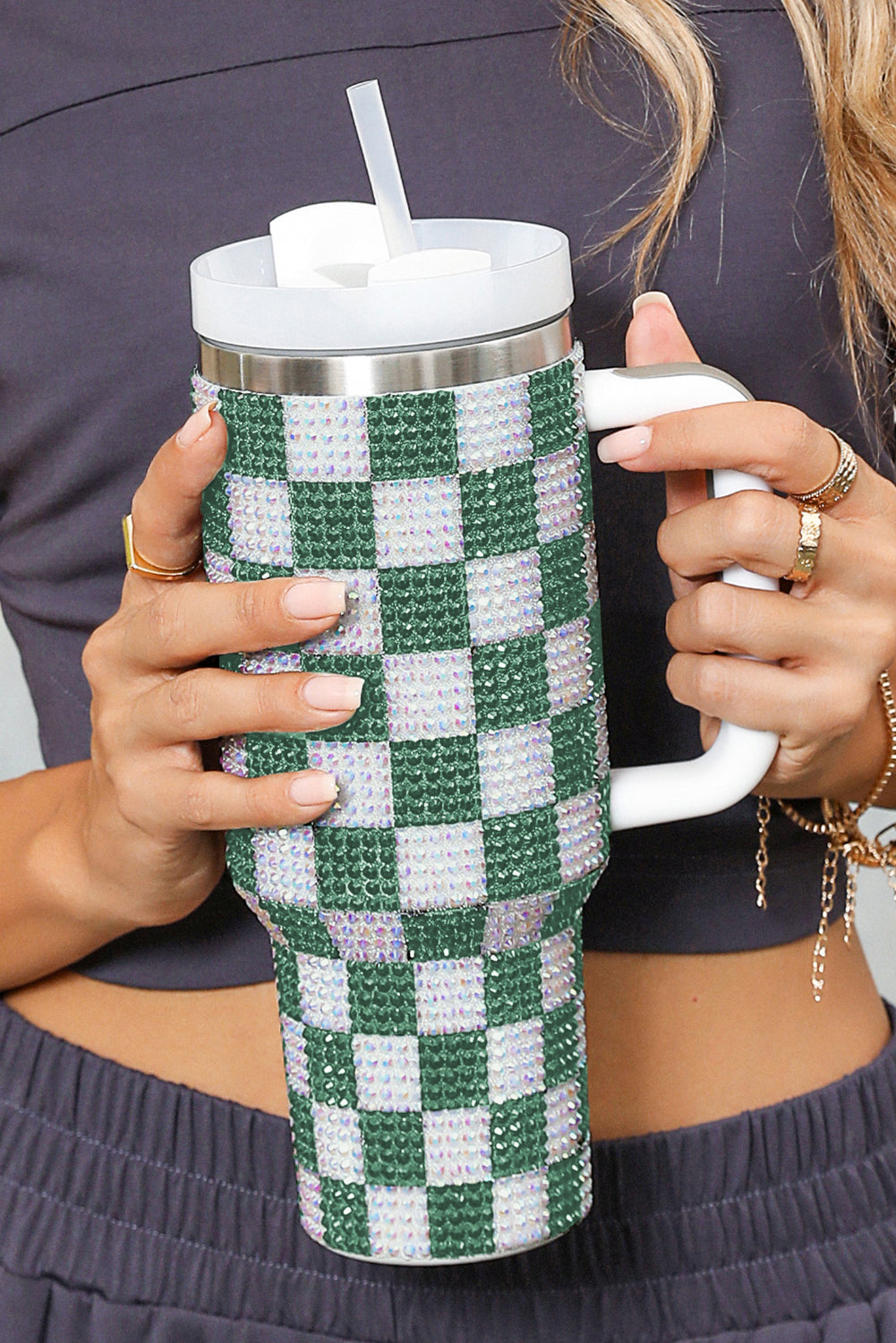 Full Rhinestone Checkerboard Handled Tumbler 40oz