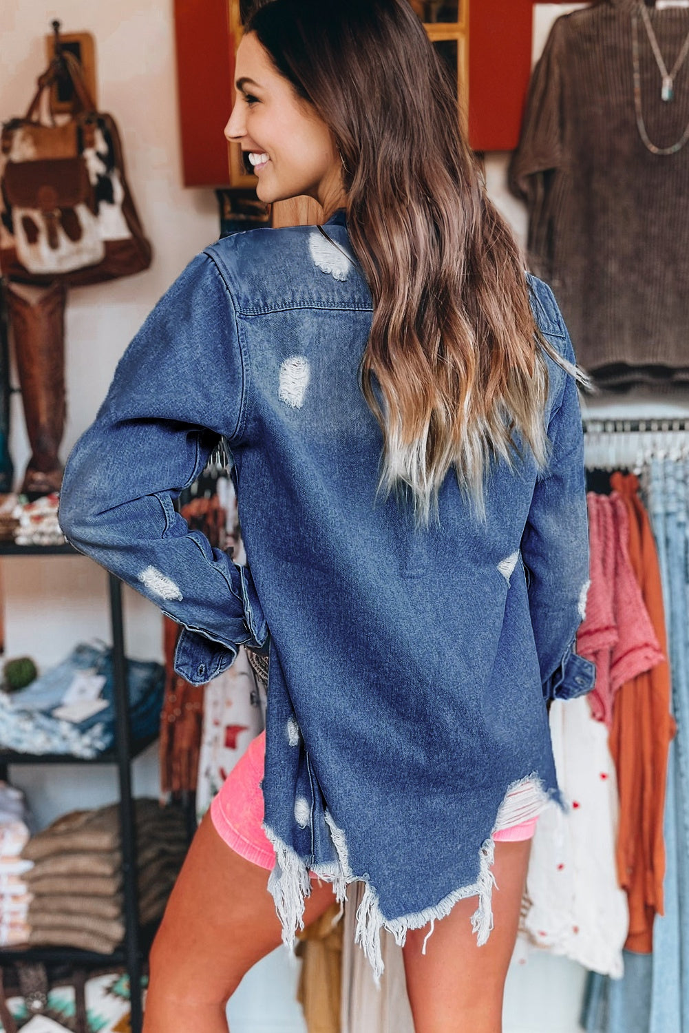 Mineral Wash Distressed Frayed Long Denim Jacket
