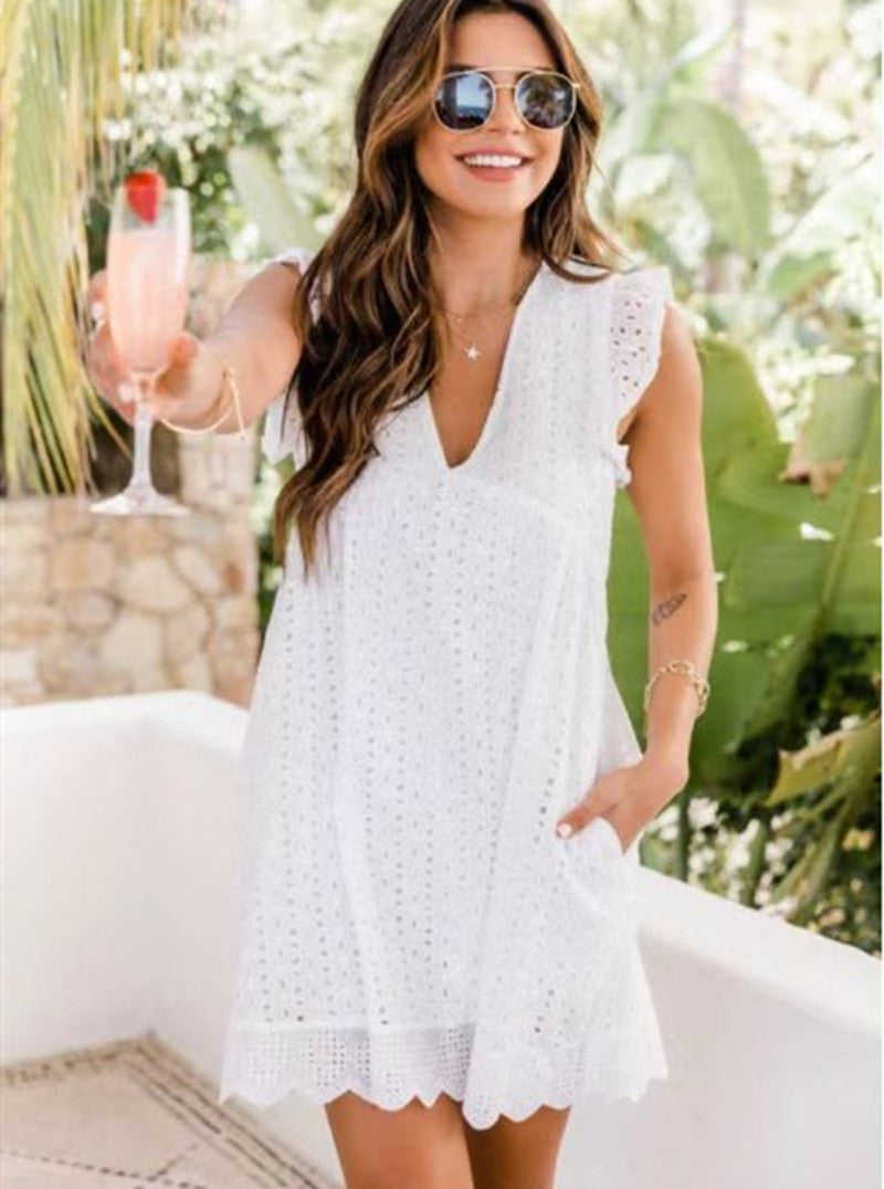 Sleeveless Jacquard Cutout V-Neck Summer Dress with Pockets