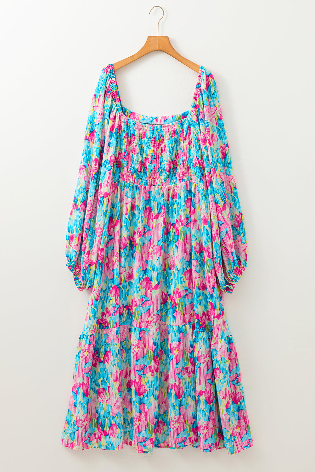 Curve Sky Blue Floral Allover Print Shirred Square Neck Maxi Dress