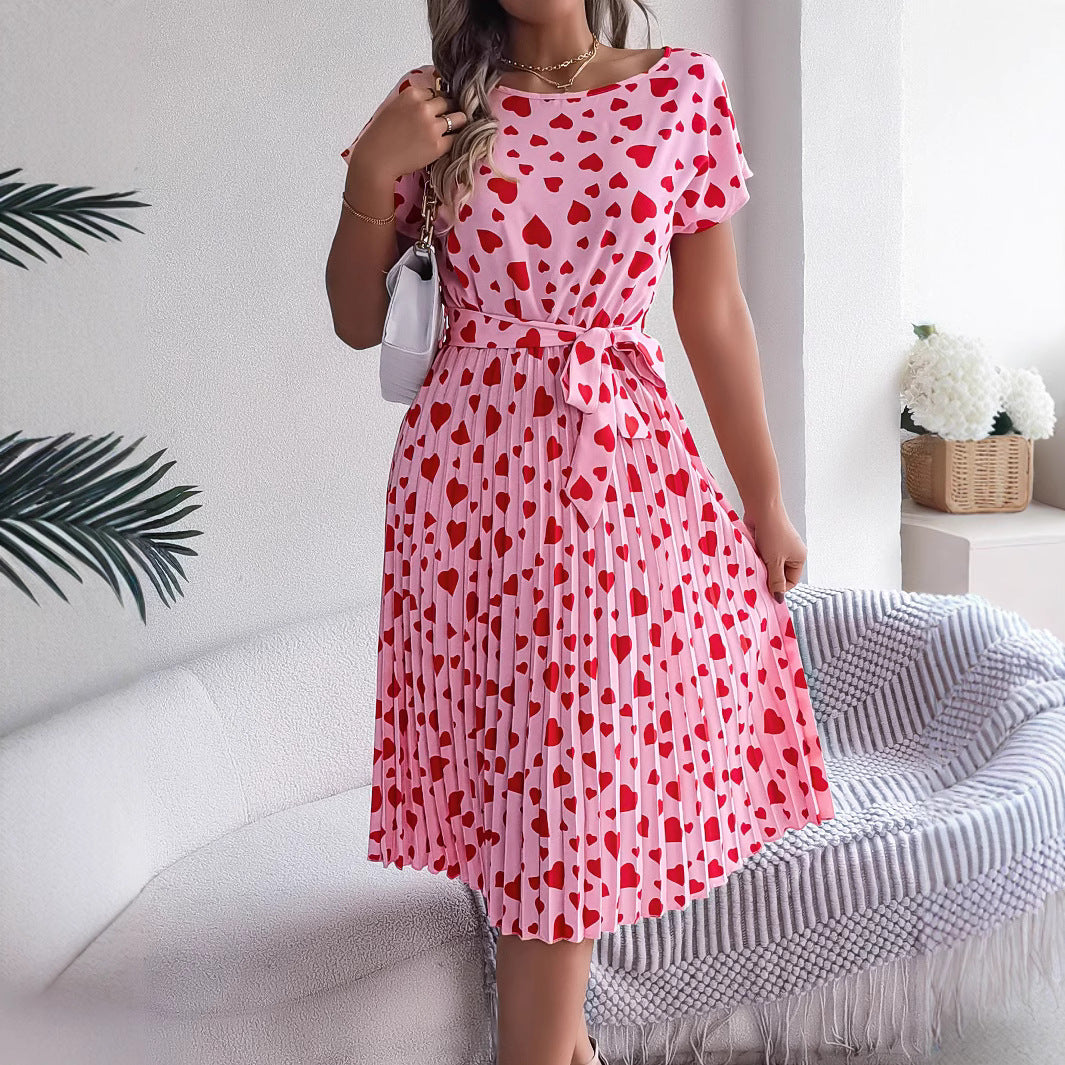 Love Heart Short Sleeve Waist-controlled Pleated Dress