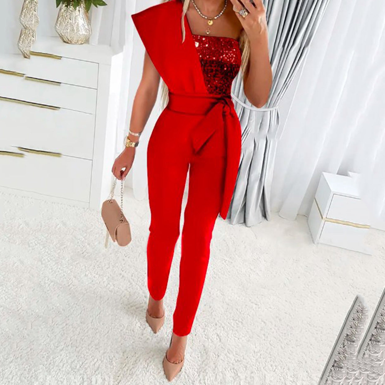 Slim-fitting Sequin Jumpsuit with Sash