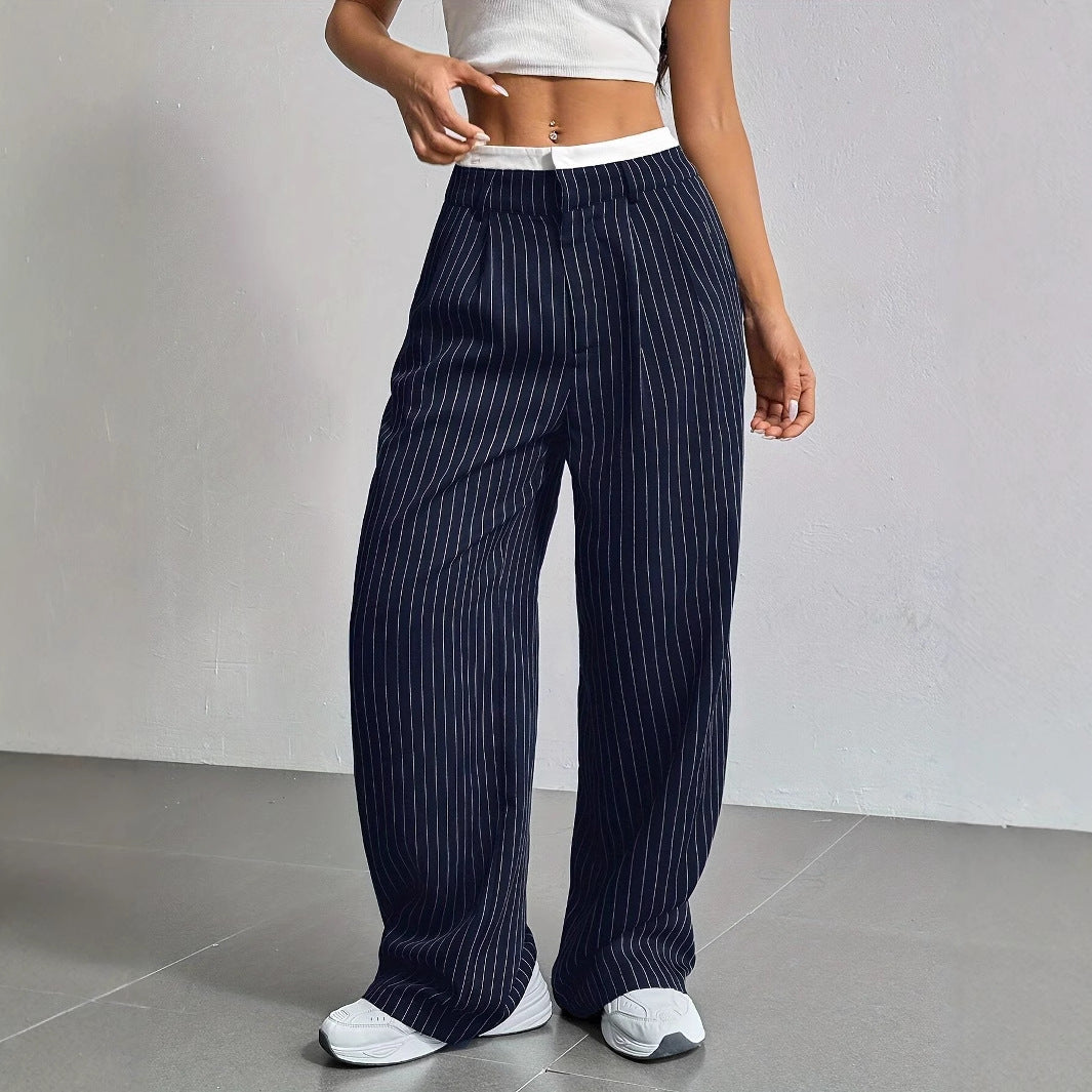 Pinstriped High Waist Straight Leg Trousers