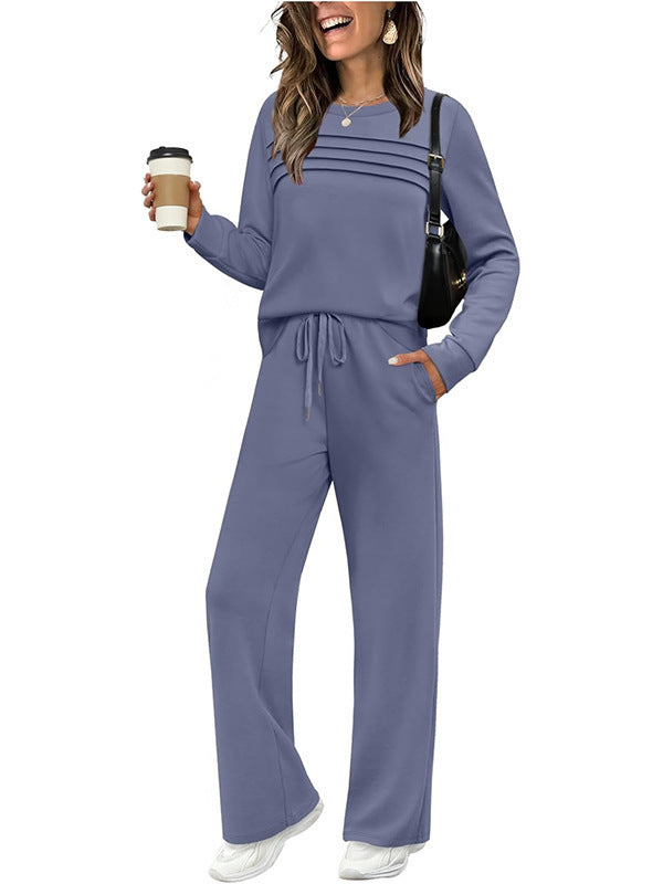 Casual Rib Pattern Top & Wide-leg Pants Set