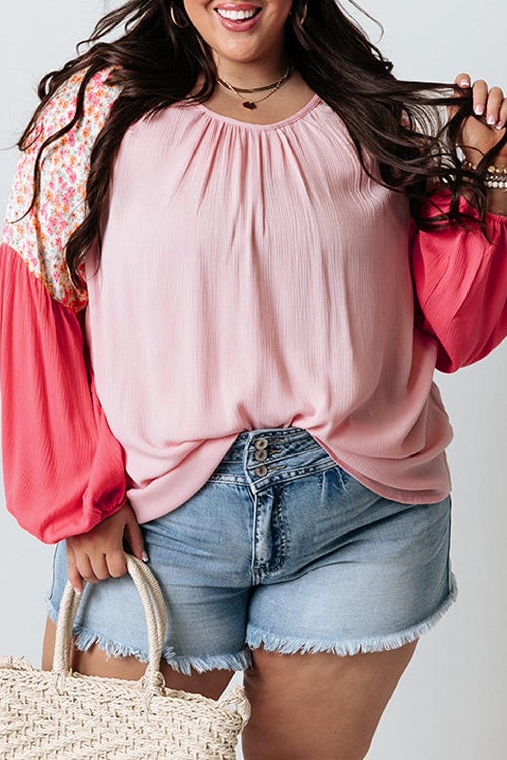 Curve Pink Contrast Floral Patchwork Long Sleeve Blouse