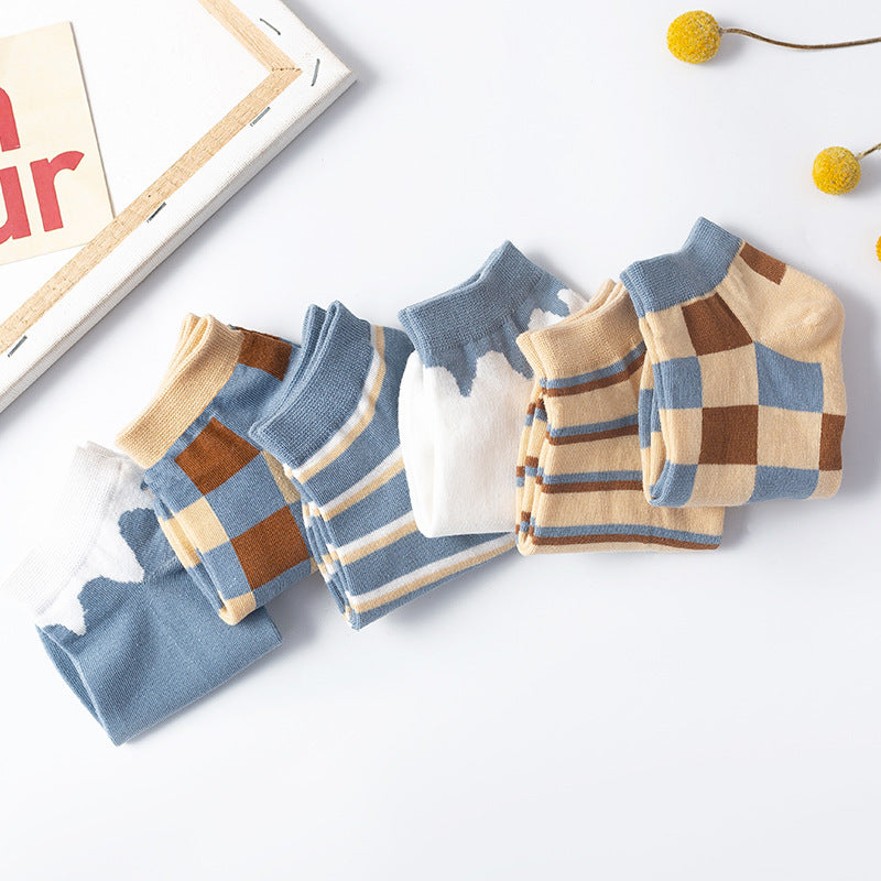 Plaid Sweet Blue Boat Socks Cotton College