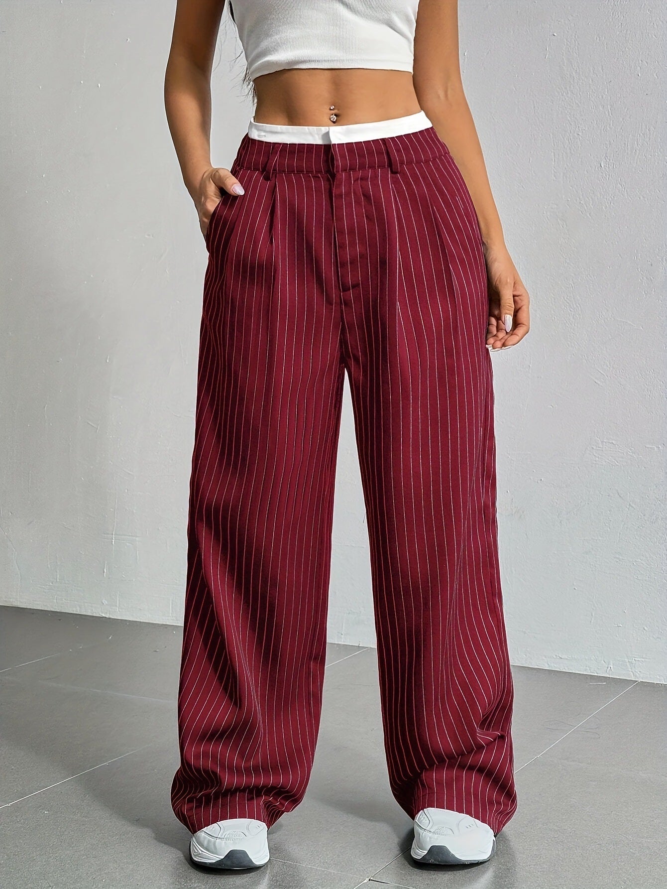 Pinstriped High Waist Straight Leg Trousers