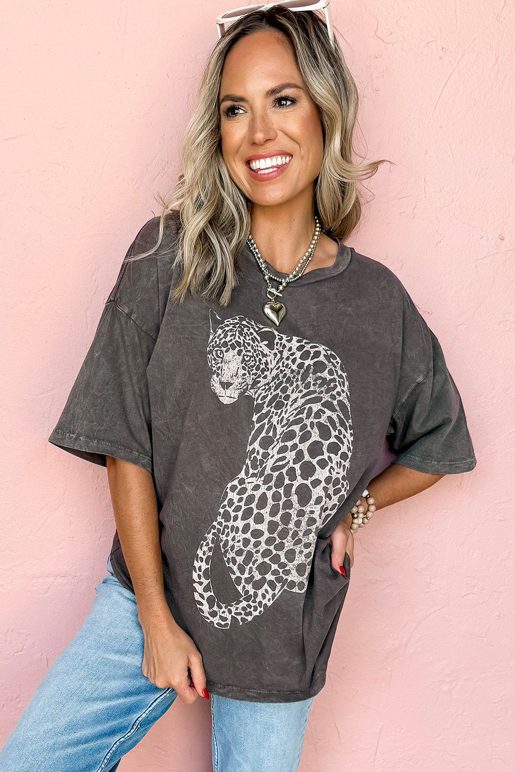 Medium Grey Vintage Cheetah Printed Mineral Wash Graphic Top
