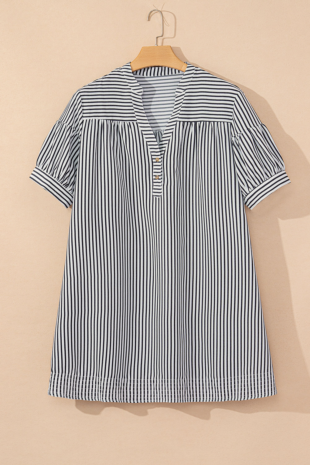 Curve Black Stripe Short Sleeve Buttoned V Neck Pocketed Mini Dress