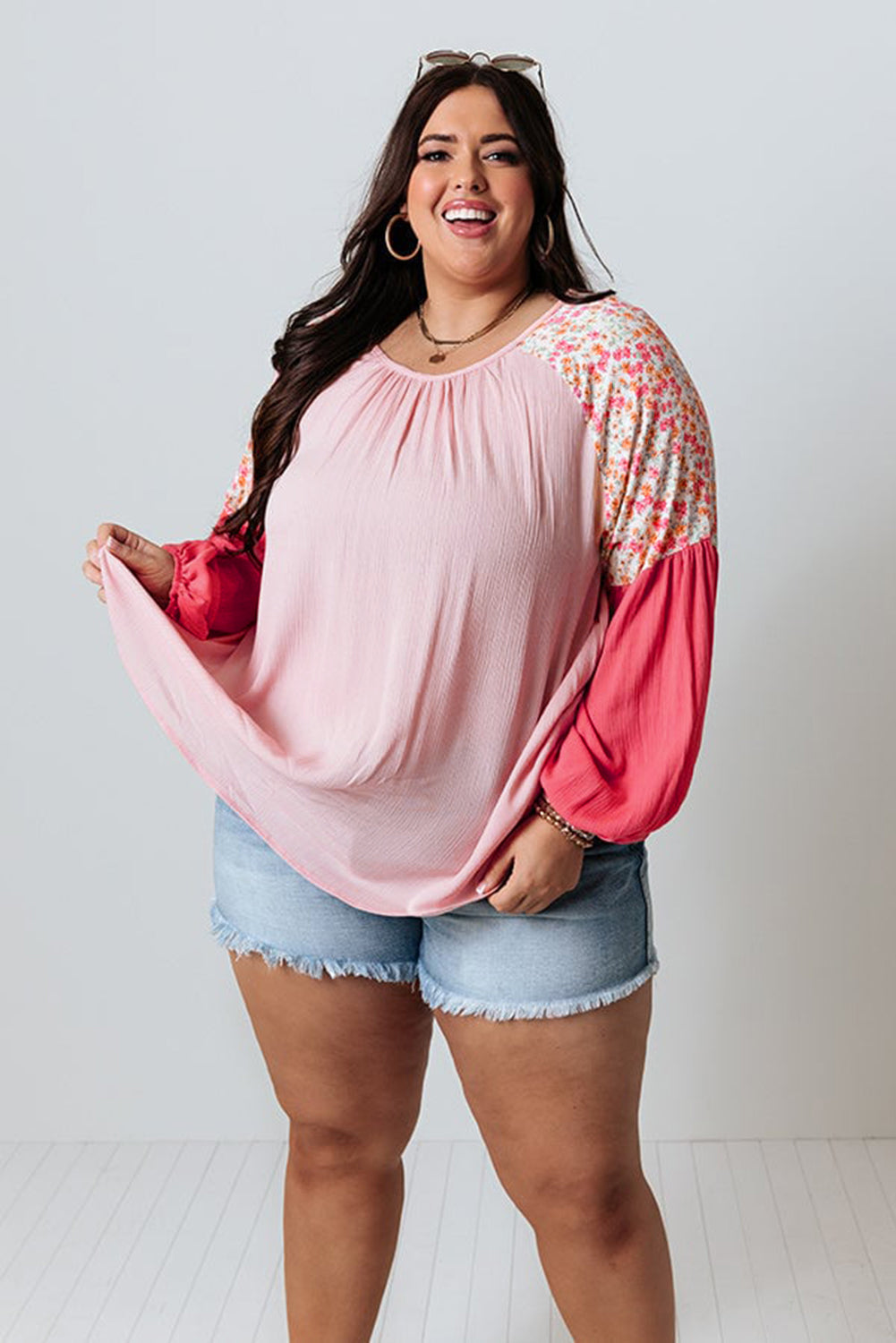 Curve Pink Contrast Floral Patchwork Long Sleeve Blouse