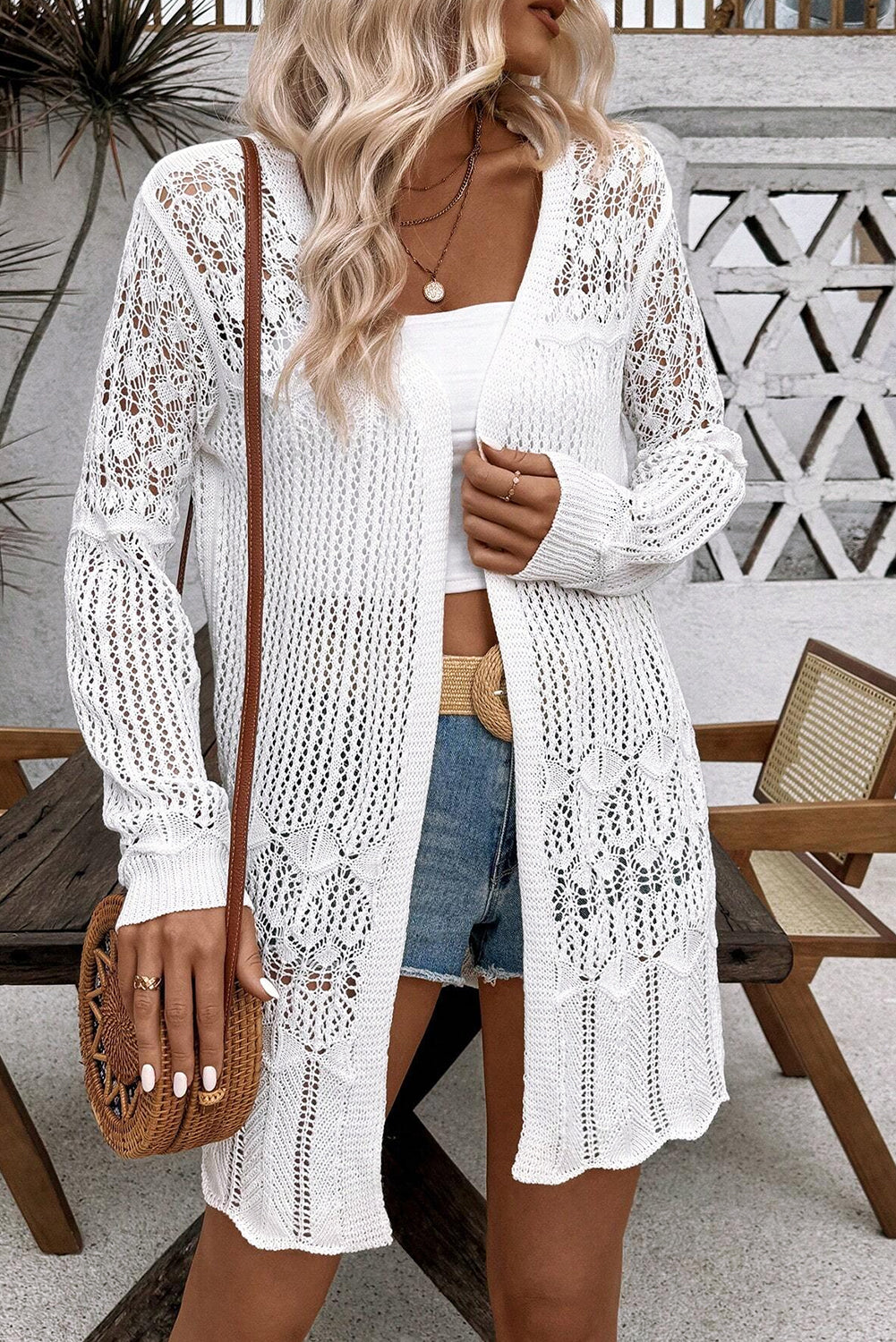 Crochet Hollow Out Open Front Cardigan