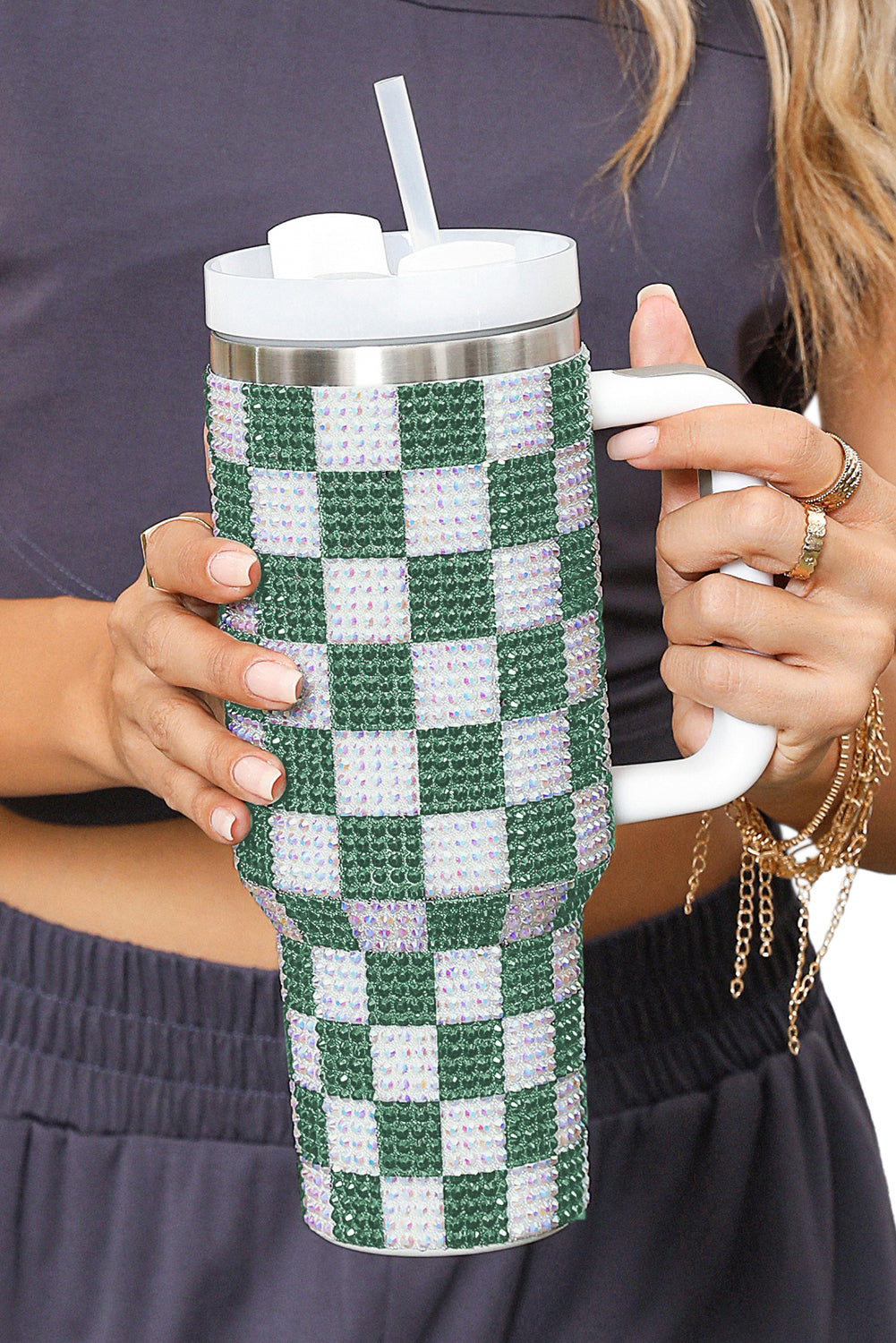 Full Rhinestone Checkerboard Handled Tumbler 40oz