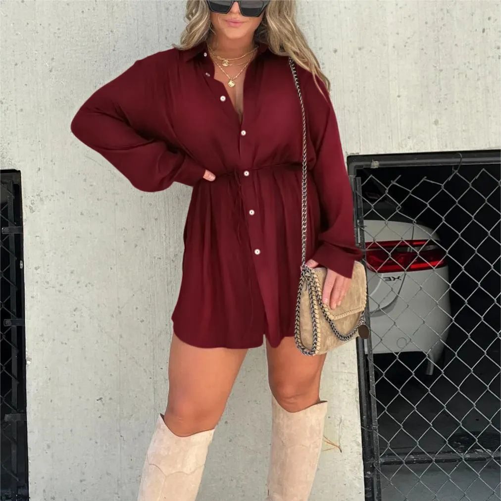 Long Sleeve Shirt Dress with Shorts