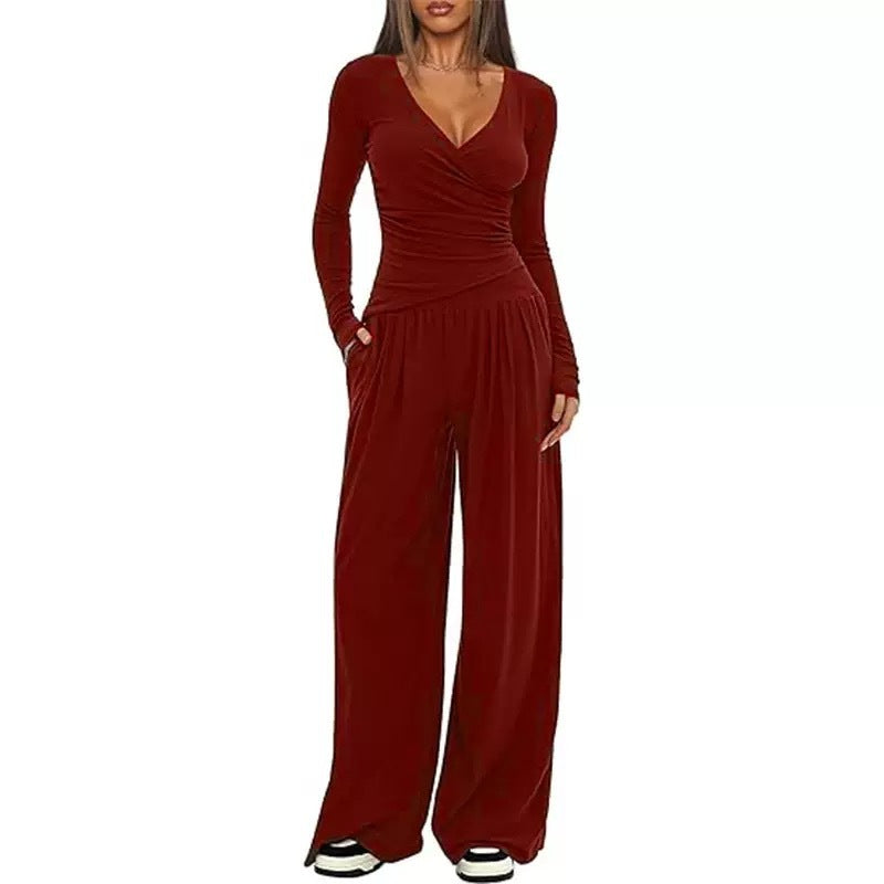 Cross-body Loose Wide-leg Casual Top & Pants Set