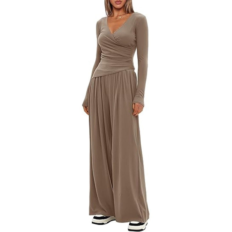 Cross-body Loose Wide-leg Casual Top & Pants Set