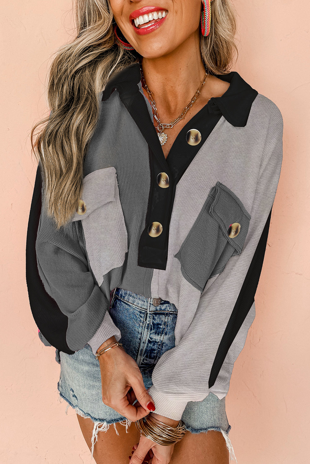 Colourblock Ribbed Collared Oversized Sweatshirt