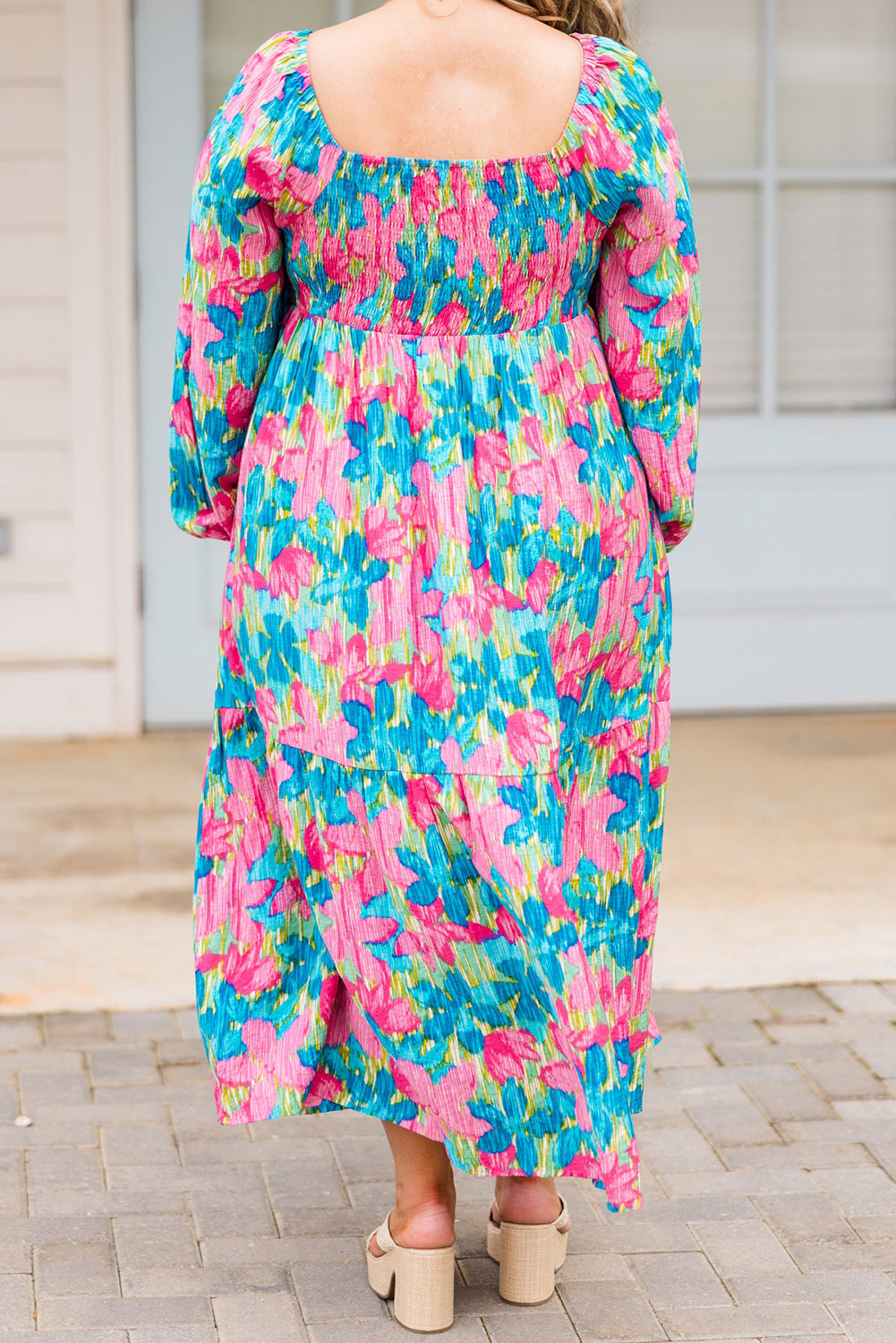 Curve Sky Blue Floral Allover Print Shirred Square Neck Maxi Dress