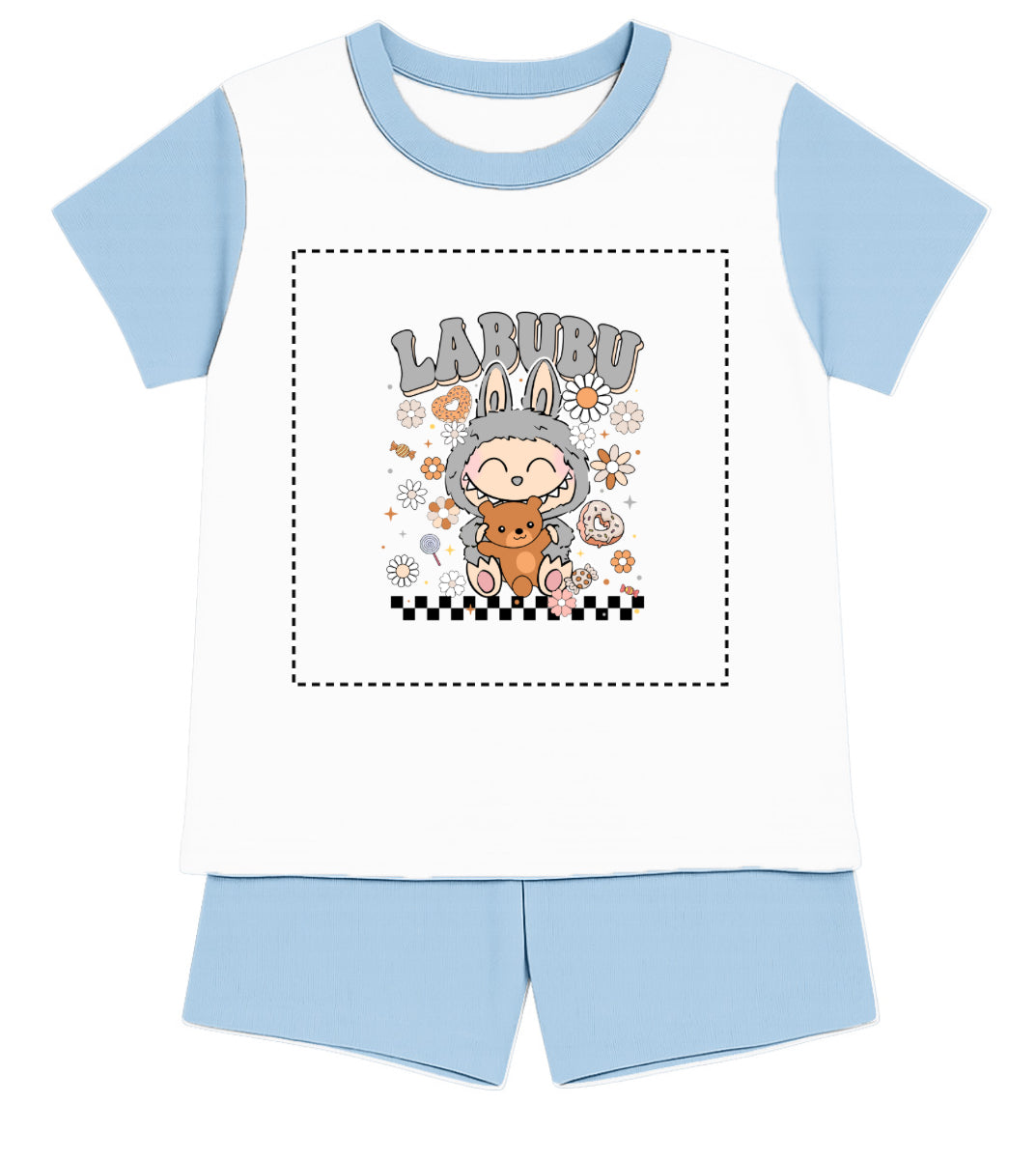 Children's Grey Labubu Inspired T-Shirt and Short - Pyjama Set