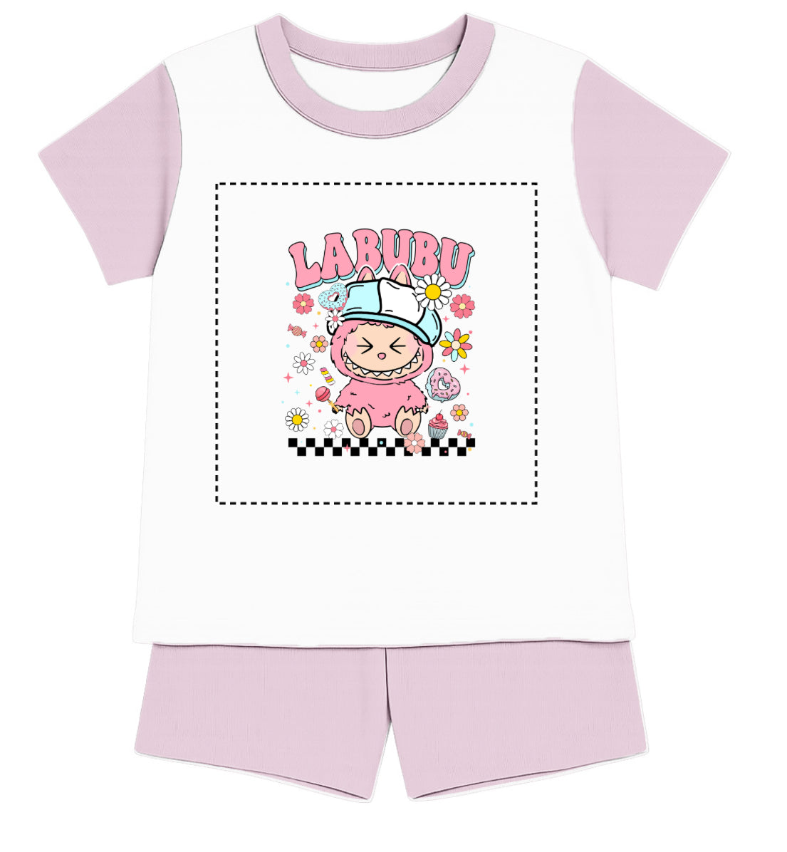 Children's Pink Labubu Inspired T-Shirt and Short - Pyjama Set