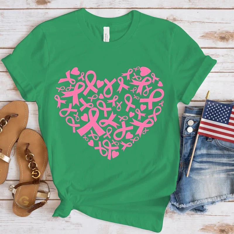 Breast Cancer Awareness Heart Print T-Shirt