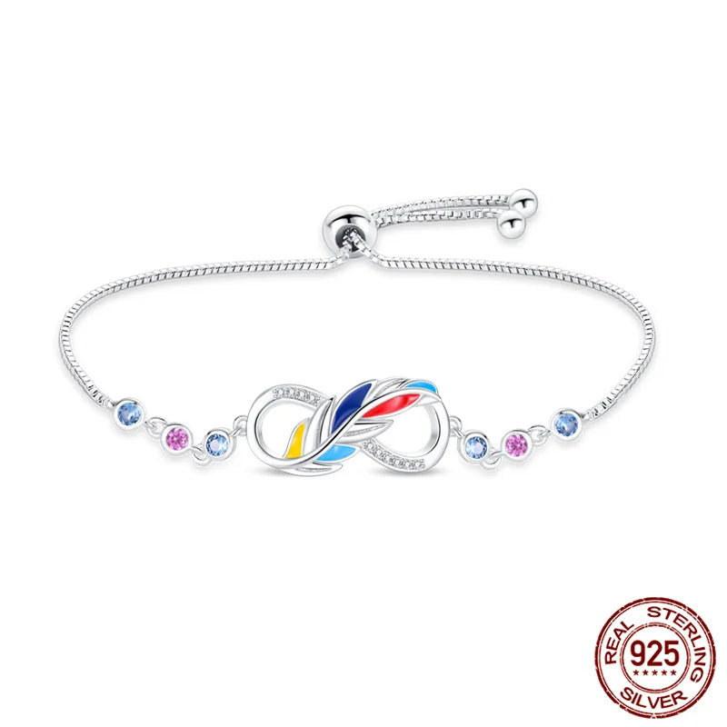 Silver Eternity Symbol with Colour Feather Bracelet