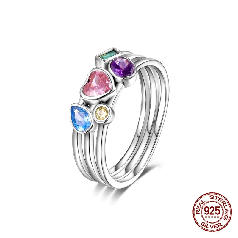 Triple Band Gem Shapes Silver Ring