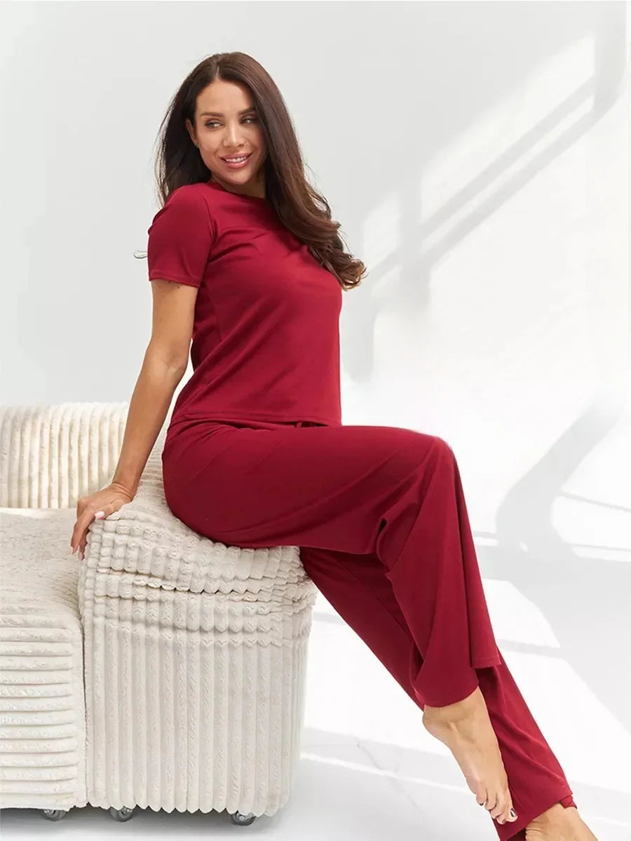 Pure Colour Short Sleeve Top & Drawstring Pants Two-Piece Set