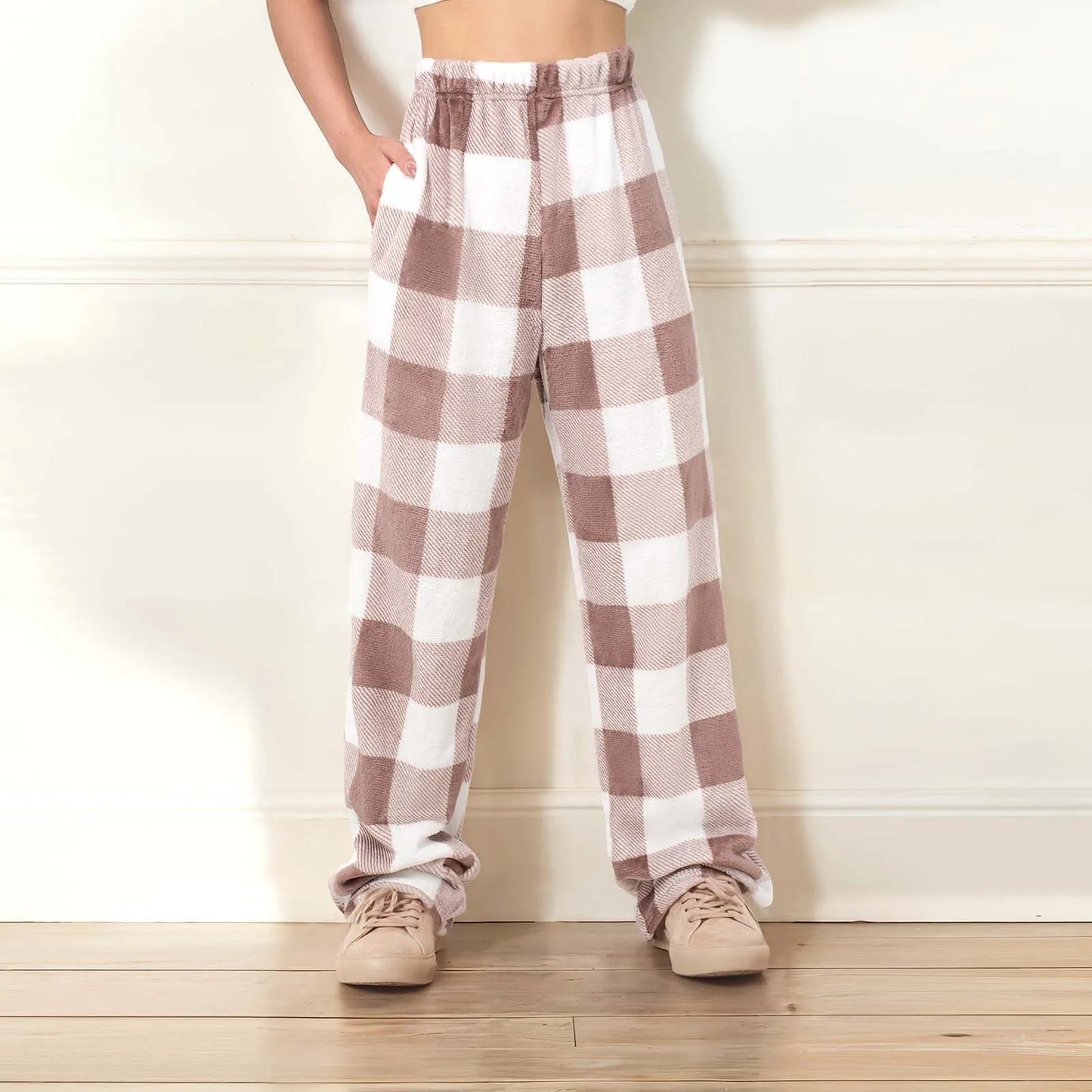 Plush Plaid Pyjama Bottoms with Pockets
