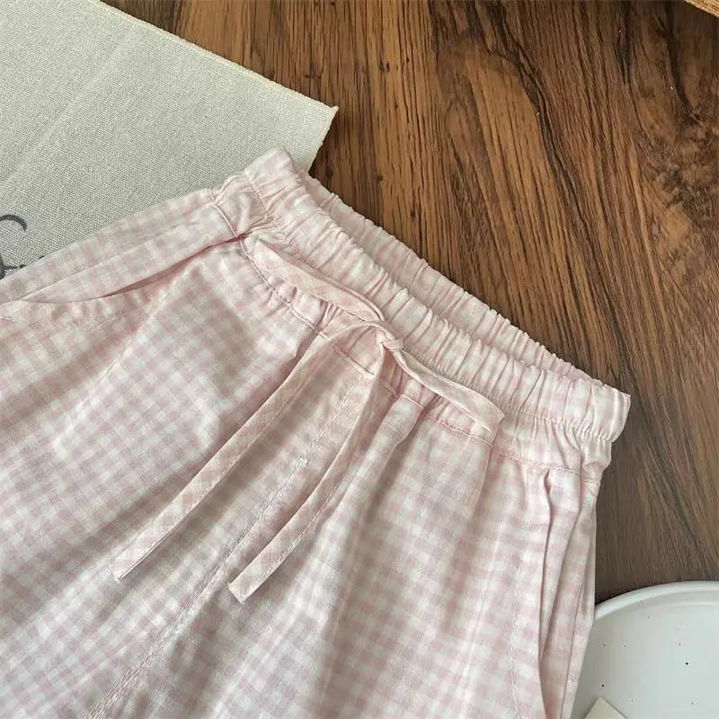 Young Girls Bow Short Sleeve Top + Plaid Wide Leg Pants Set