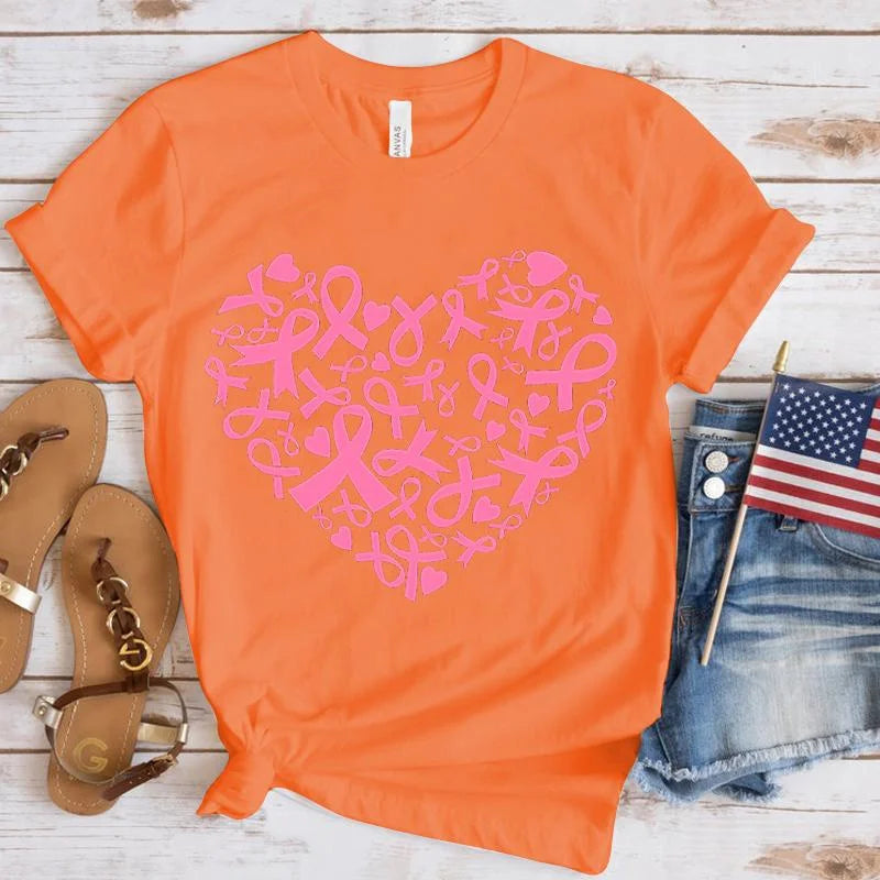Breast Cancer Awareness Heart Print T-Shirt