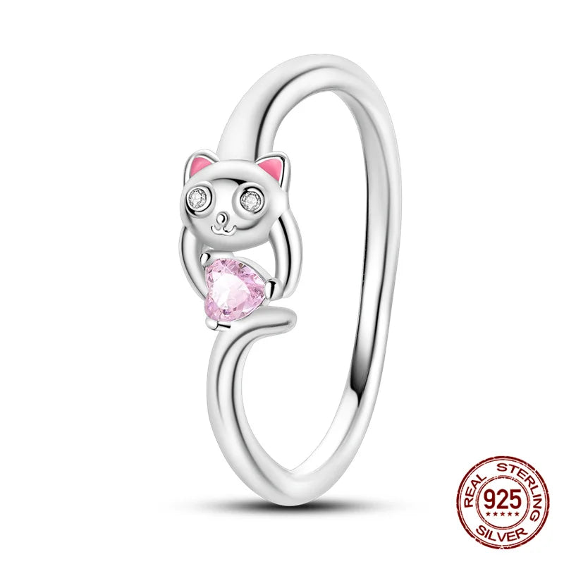 Cat with Heart Silver Ring
