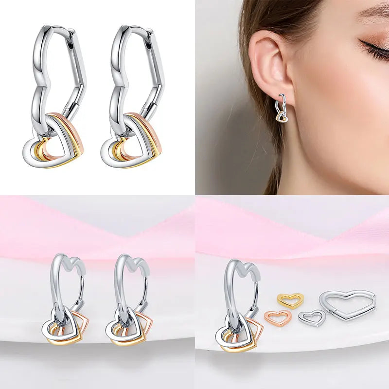 Changeable Three Colour Hooped Heart Silver Earrings