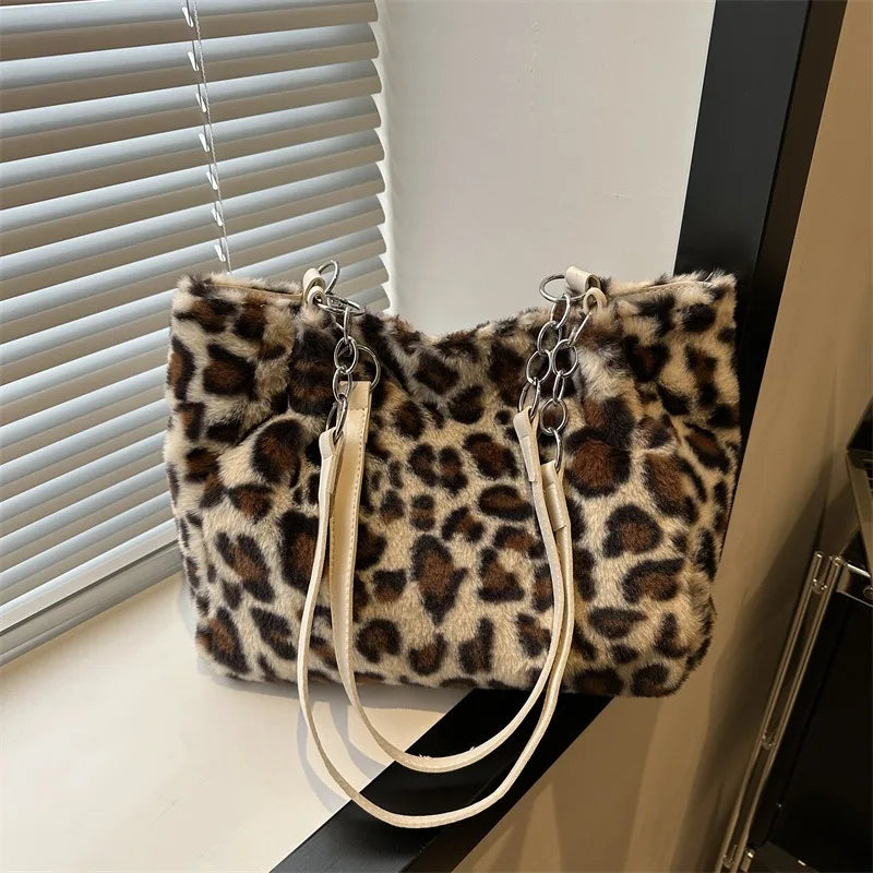 Plush Leopard Print Large Capacity Bag