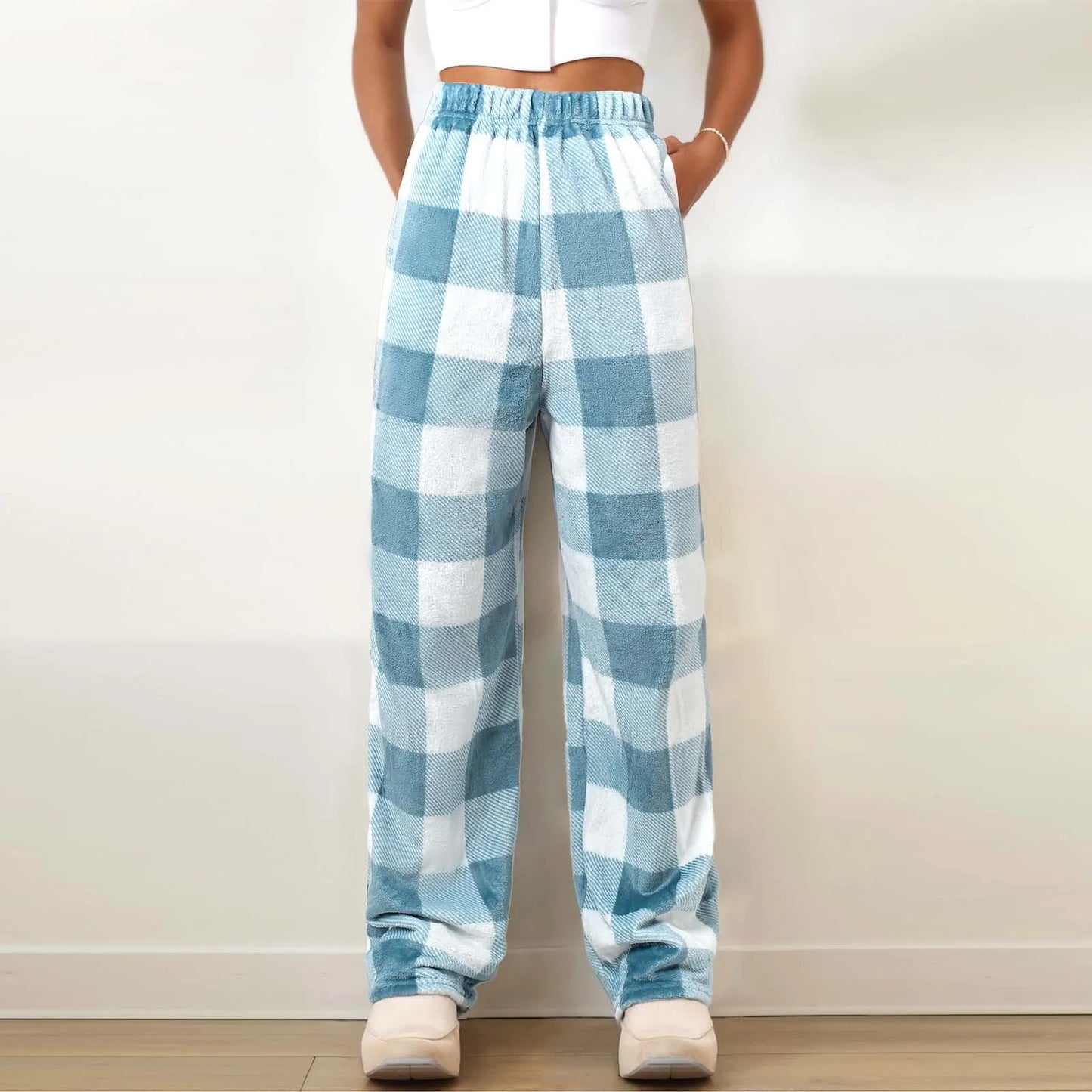 Plush Plaid Pyjama Bottoms with Pockets