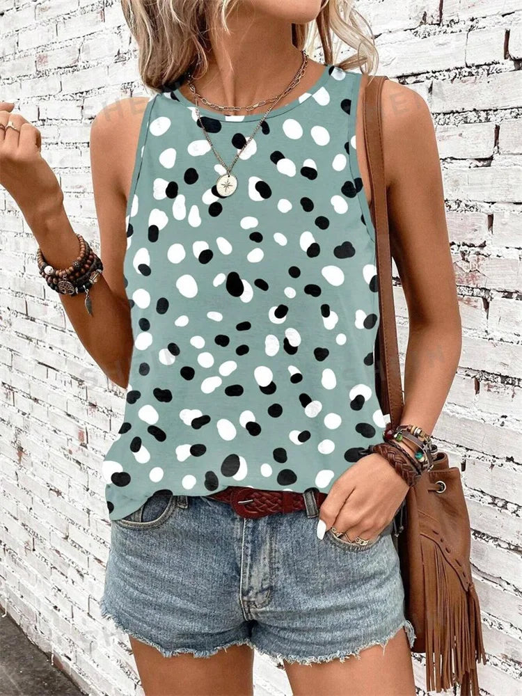 Leopard Print Casual Crew-neck Tank Tops