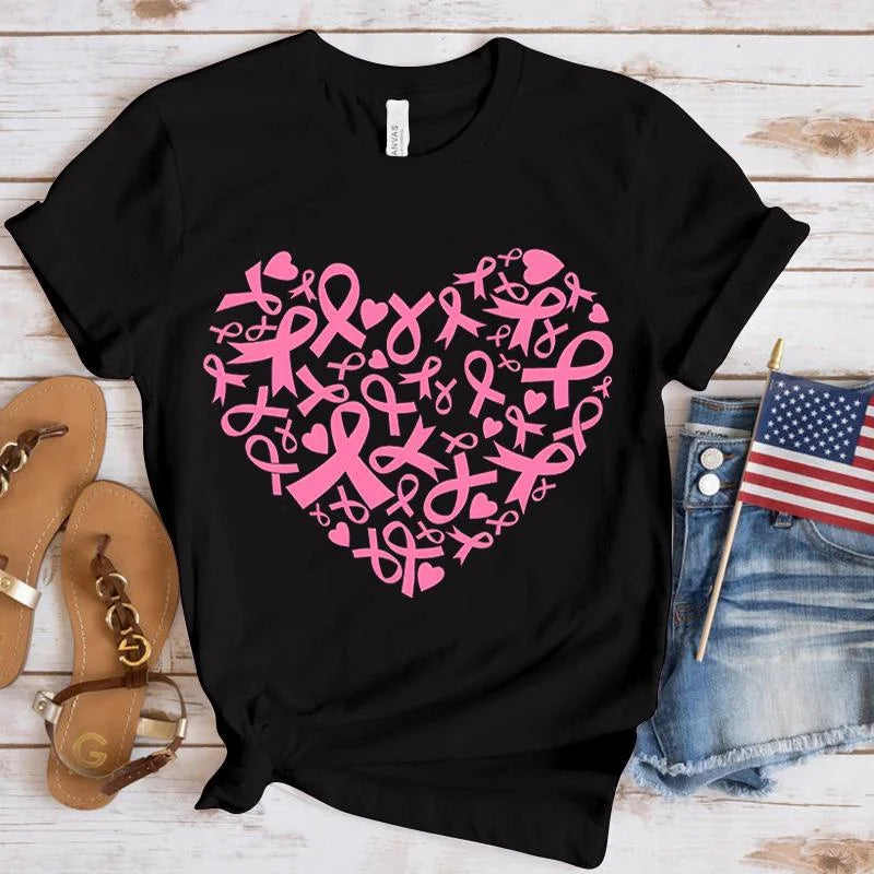 Breast Cancer Awareness Heart Print T-Shirt