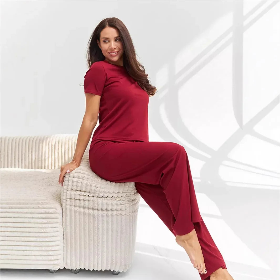 Pure Colour Short Sleeve Top & Drawstring Pants Two-Piece Set