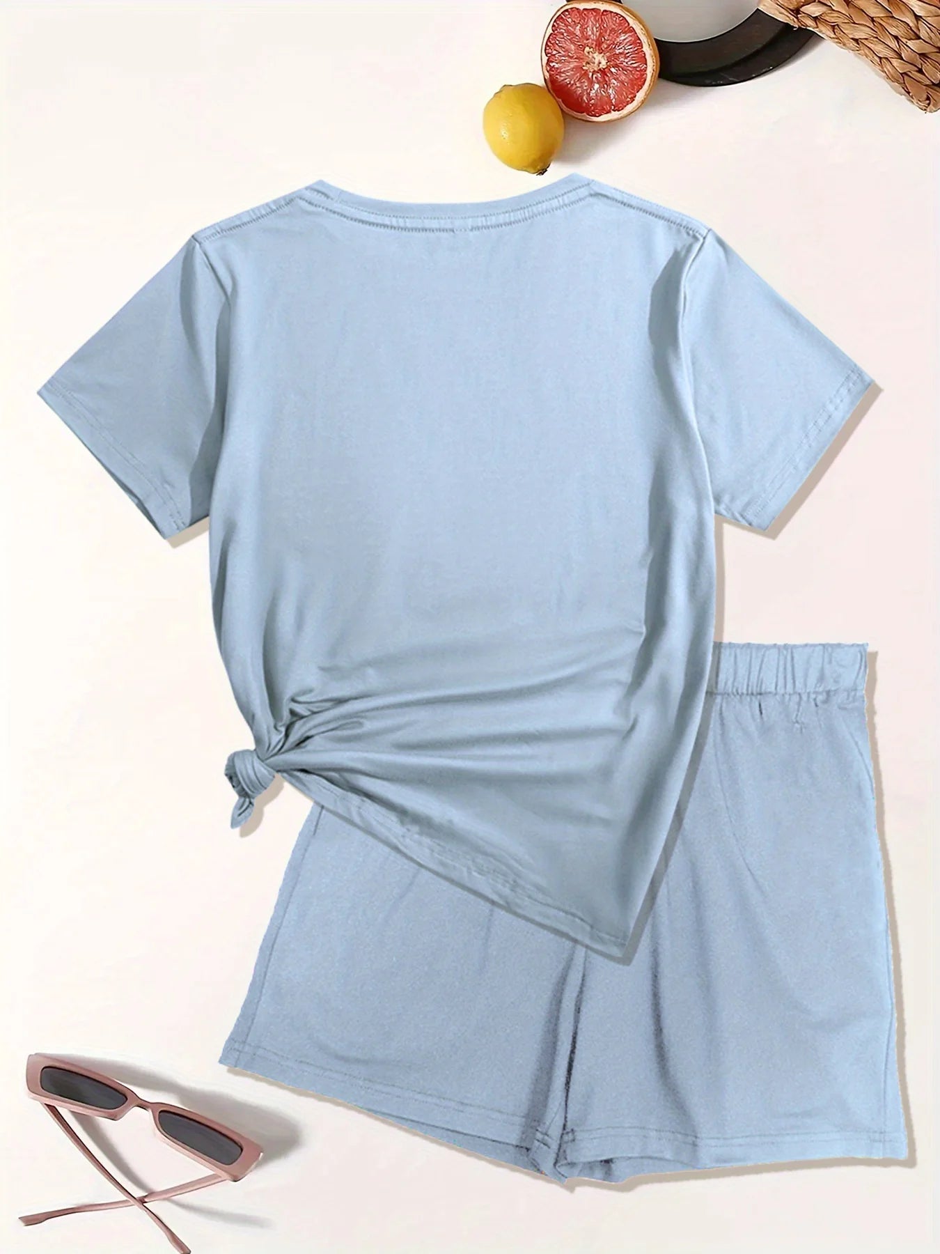 Leopard Print Lips Casual Loose Round Neck T-shirt & Shorts Set
