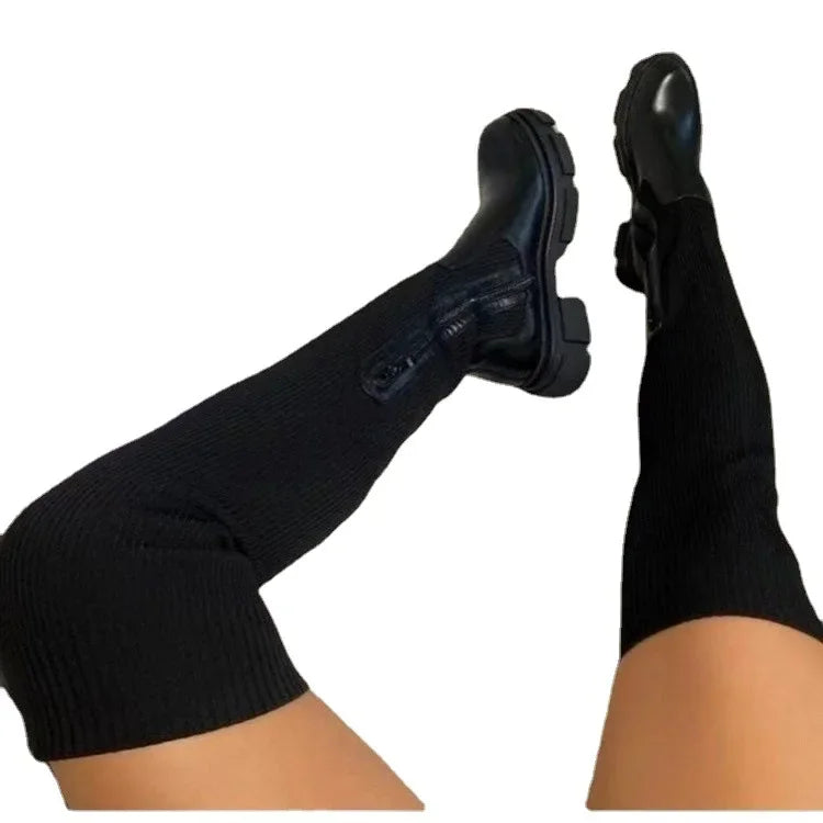 Knee Length Fabric Top Leather Surface Boots