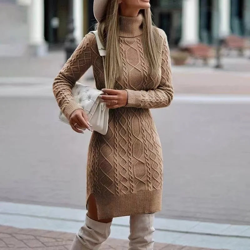 Wrap Hip High Neck Elegant Sweater Dress