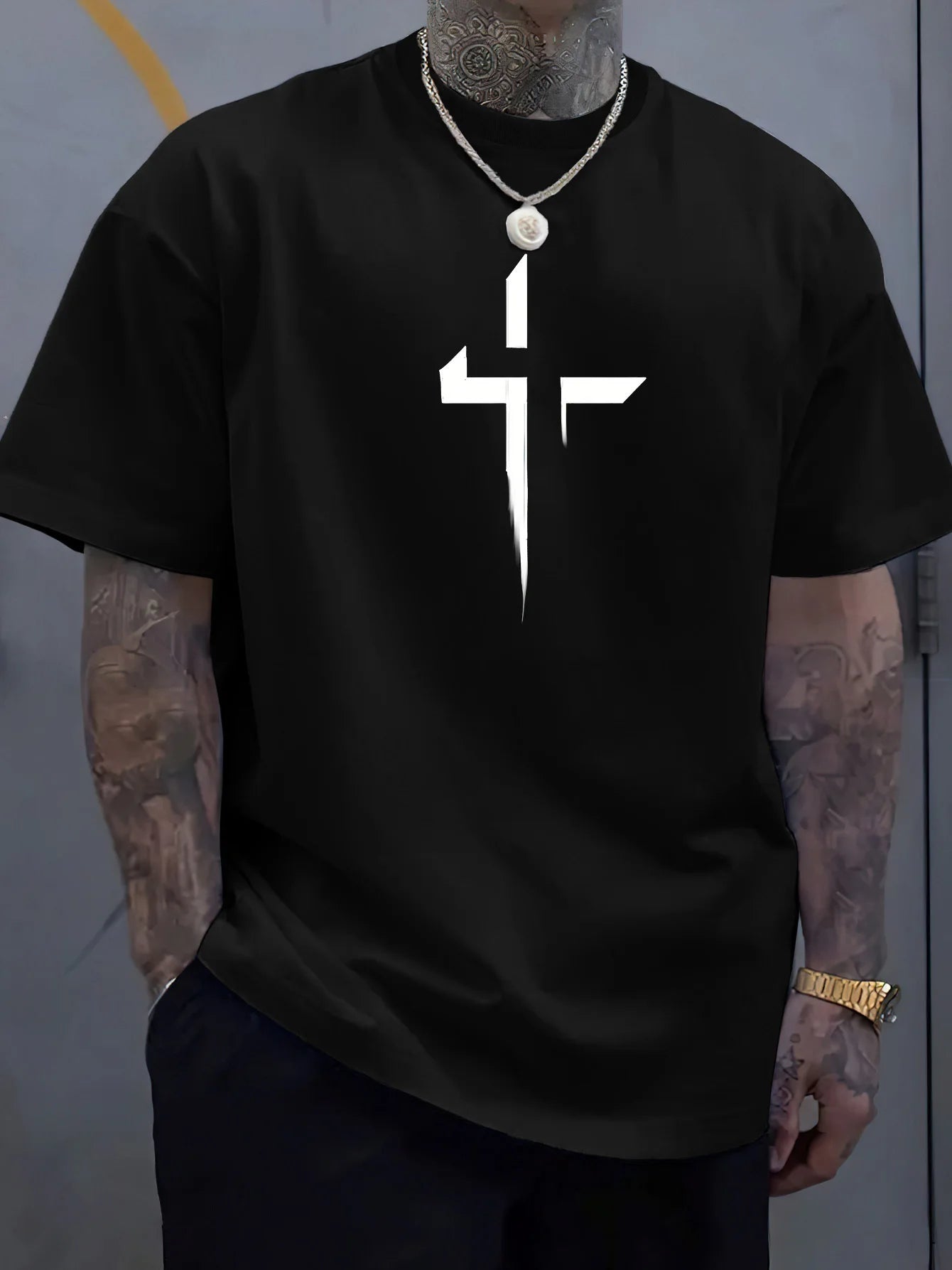 Men's 100% Loose Cross Creative Print T-shirt
