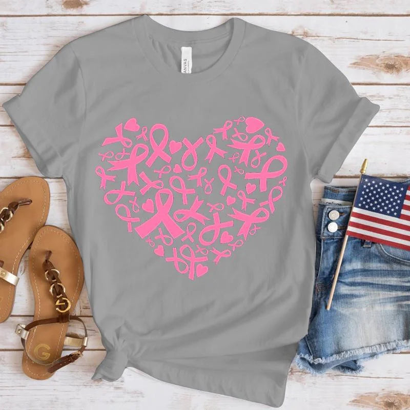Breast Cancer Awareness Heart Print T-Shirt